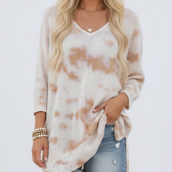 Elan Sweaters - Elan 100% Cotton Latte Oversized Tie Dye Cream and Tan V-Neck Sweater OSFM O/S